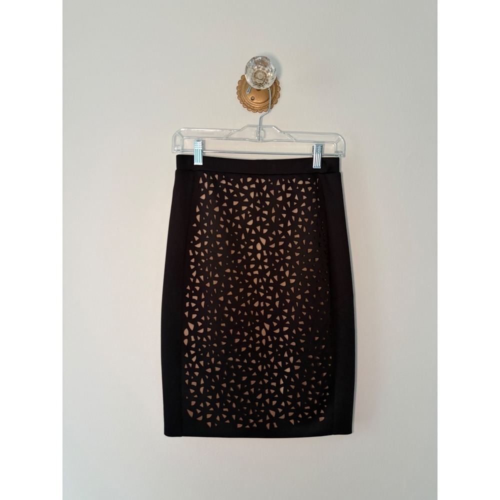Jealous Tomato Black Laser Cut Geometric Pencil Skirt Tan Lining Small